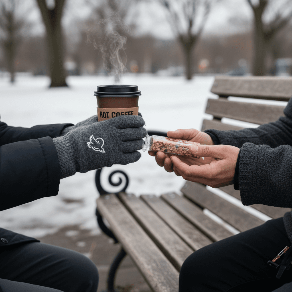 Handing out hot coffee and food during outreach