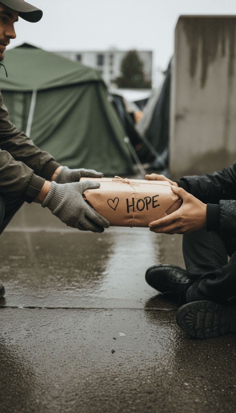 Volunteer hands a care package to someone on a sidewalk in Portland