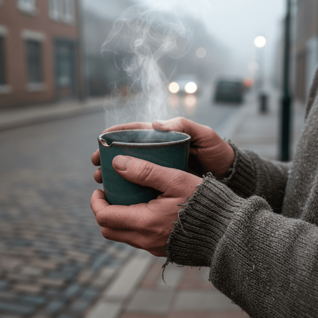 Worn hands holding a warm cup