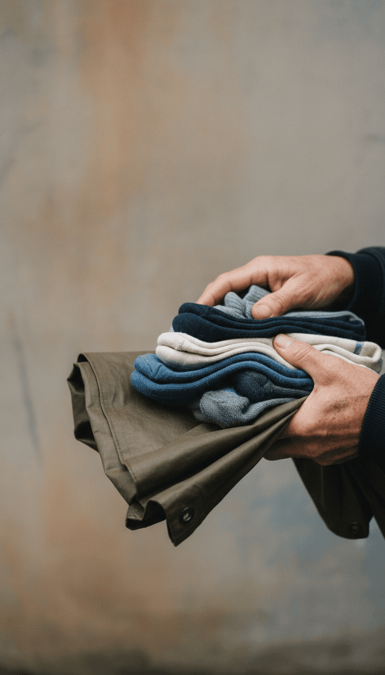 Hands holding a folded tarp and clean socks for outreach
