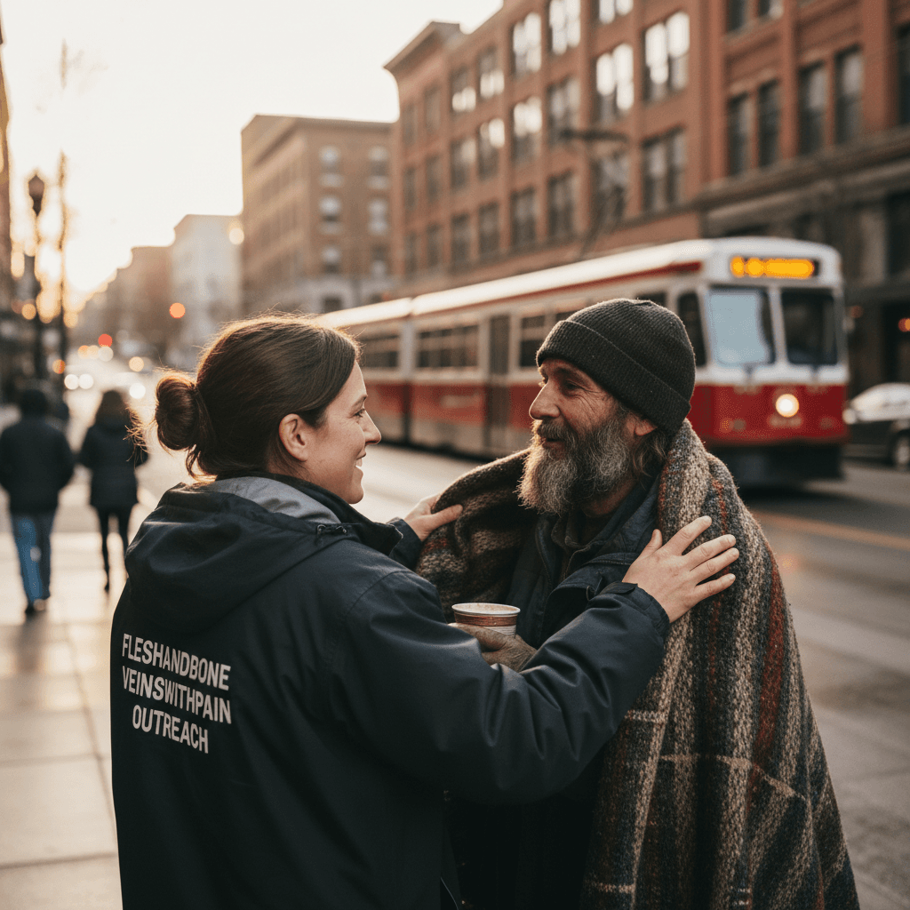Volunteer handing a blanket to a person experiencing homelessness on a Portland street.