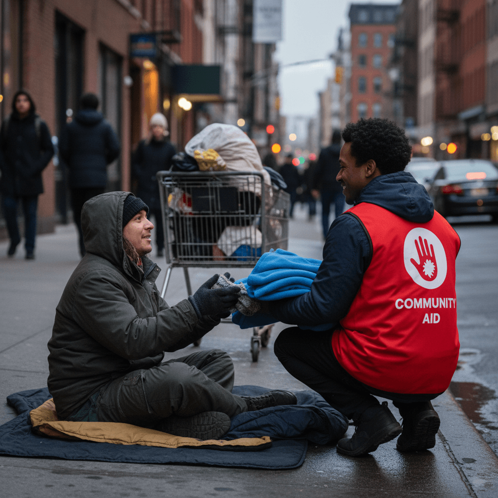 Outreach worker giving supplies to a person on the sidewalk
