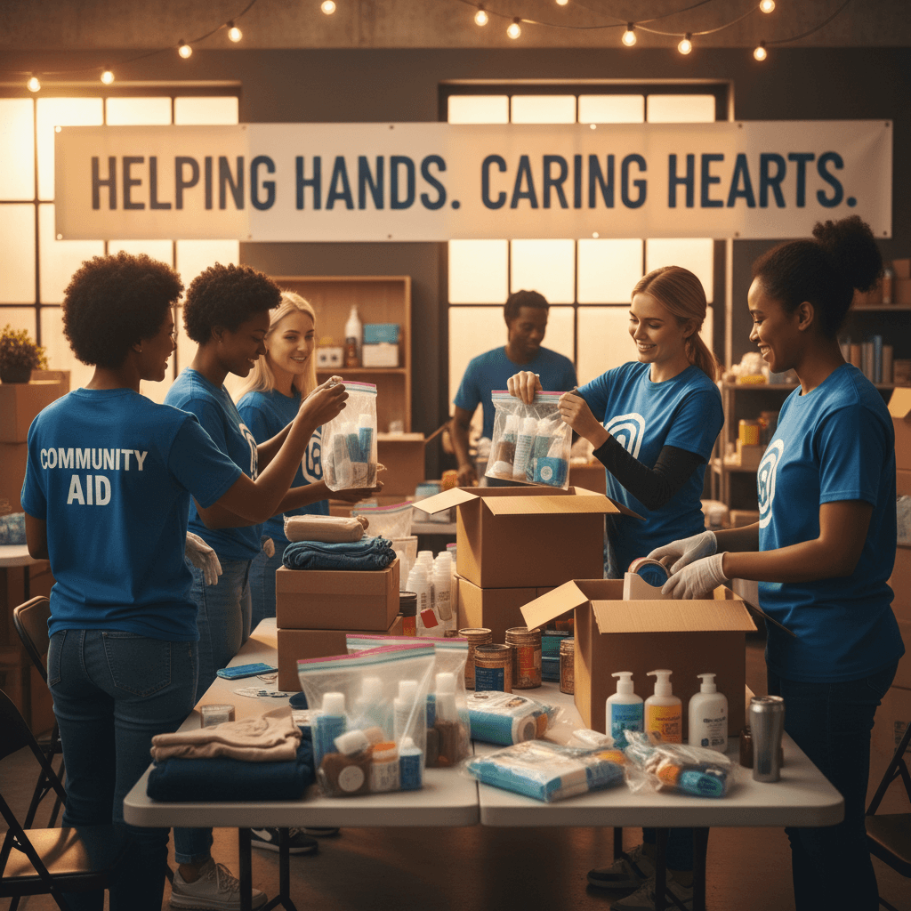 Volunteers packing care bags at the outreach hub