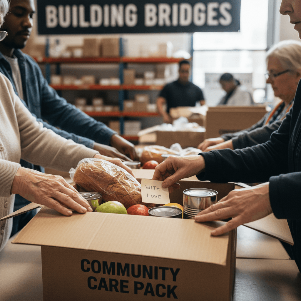 Diverse volunteers' hands working together assembling food and donation packages in community service center
