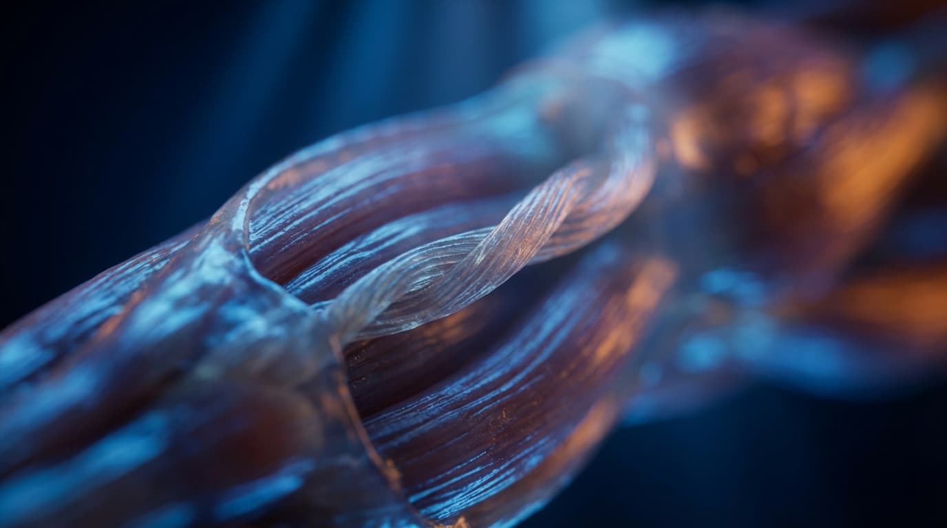 Close-up anatomical texture with rim lighting and bokeh, emphasizing muscular structure and clinical precision.