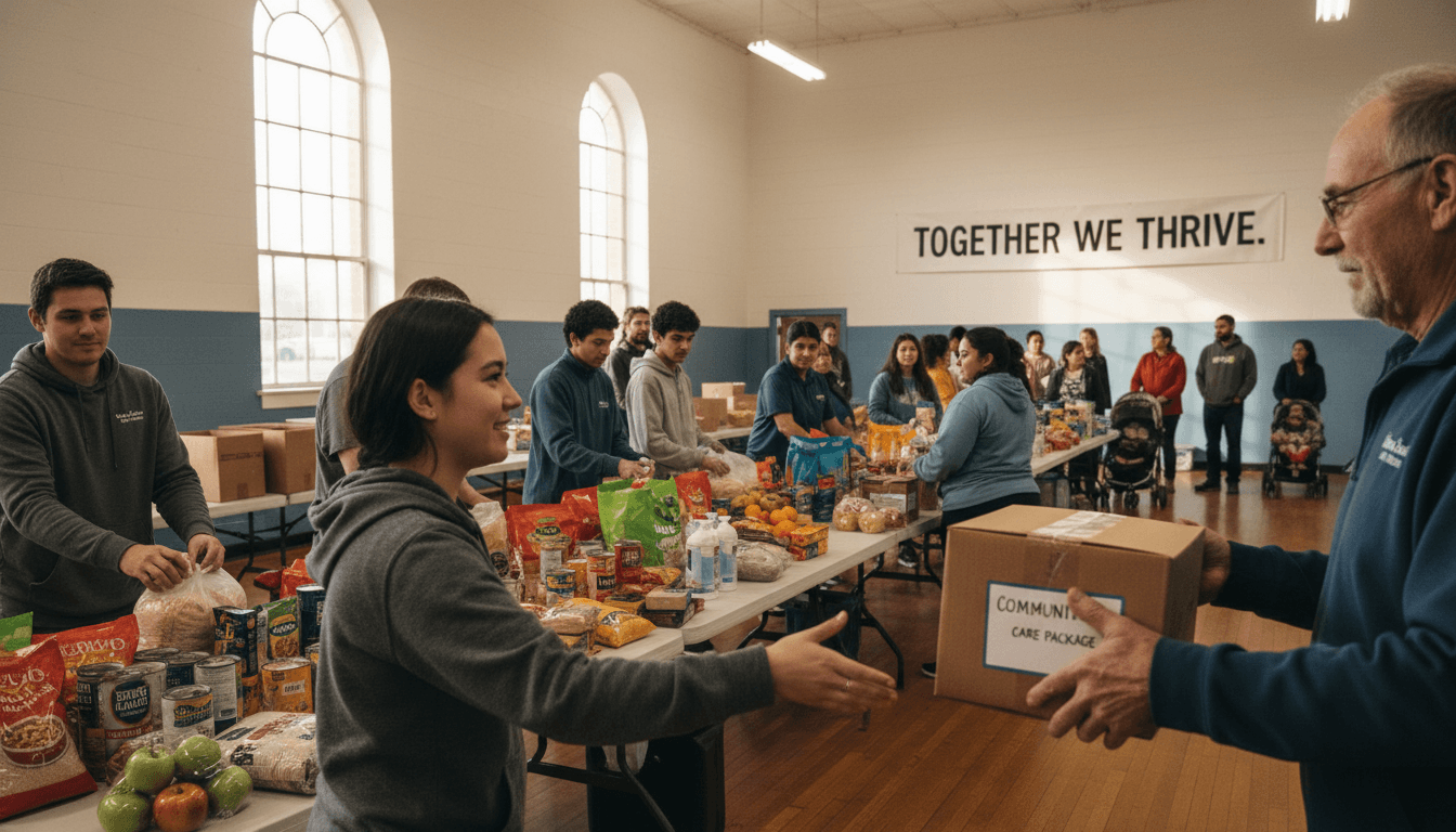 Community volunteers distributing food and emergency supplies to recipients in organized gathering space