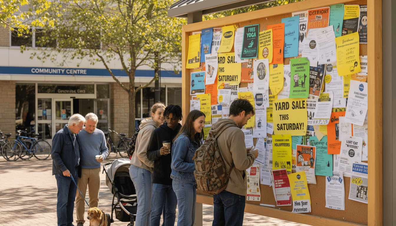Community information board with outreach flyers