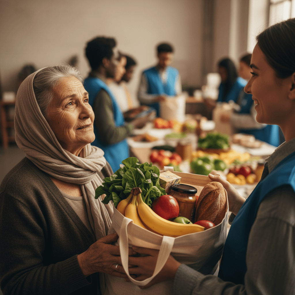 Hands receiving a warm meal from a volunteer
