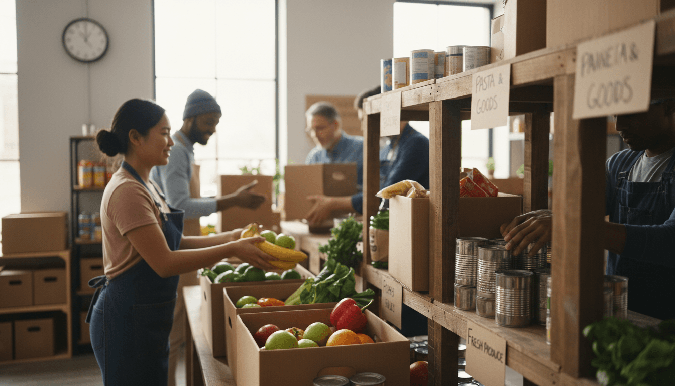 Diverse volunteers organizing food donations on shelves in a community resource center, demonstrating collaborative caregiving work