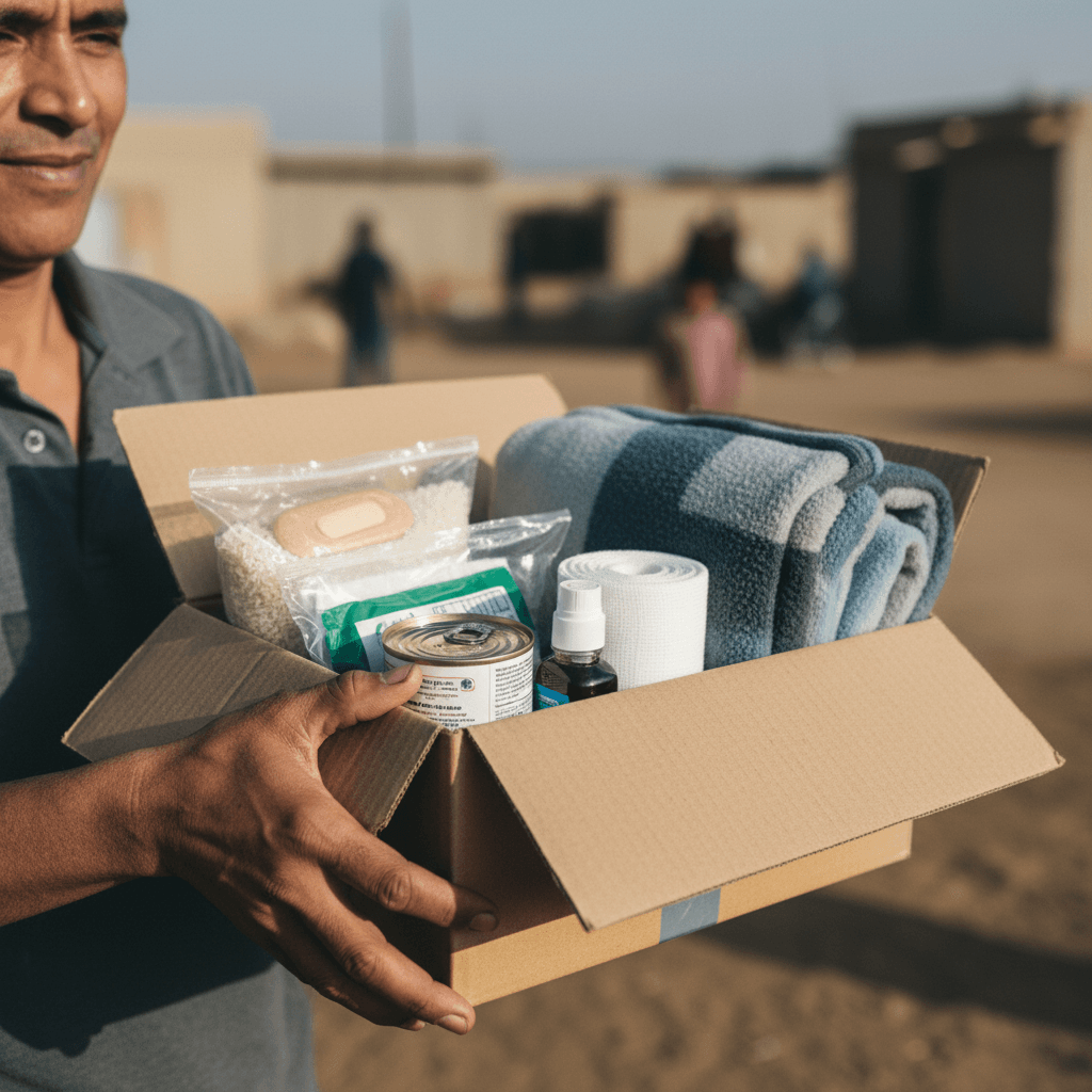 A volunteer hands a care package with food and hygiene items to a person in need