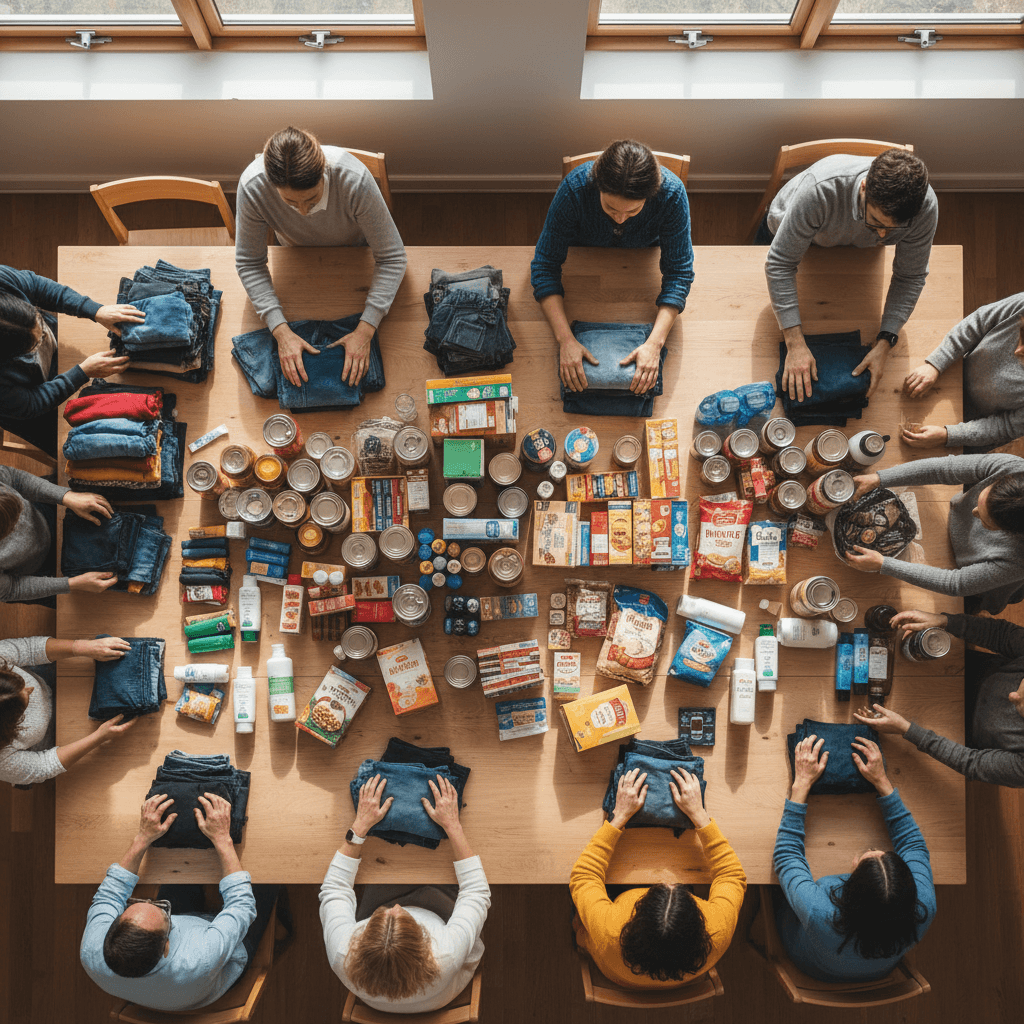 Volunteers organize donated goods at a community hub in Portland