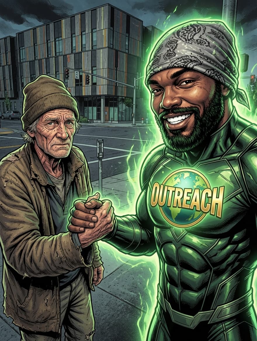 Smiling Black superhero in green armor shakes hands with a weary man on city street.