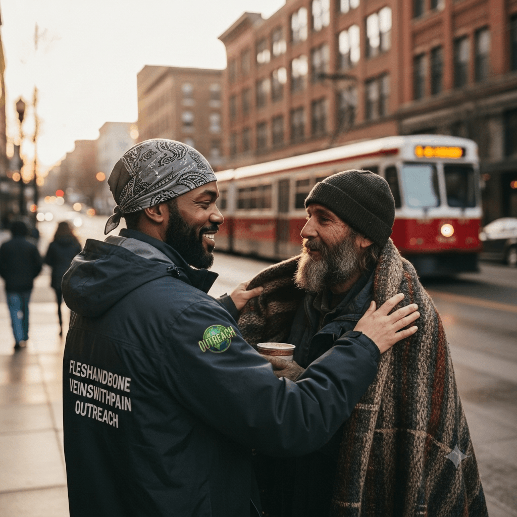Smiling outreach worker comforts an older man wrapped in a blanket on a city street.