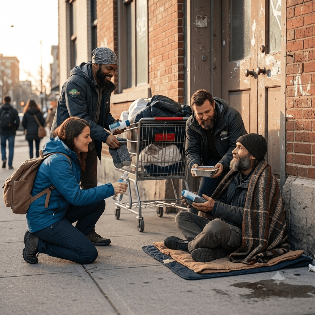 Three volunteers provide food, water, and supplies to a homeless man on the street.